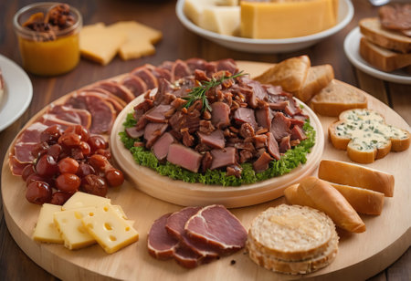 A rustic wooden board showcases the mouthwatering combination of thinly sliced smoked meat and assorted cheeses. The vibrant colors and textures create a visually appealing arrangement, perfect for a charcuterie spread or as an appetizing accompaniment to wine.の素材