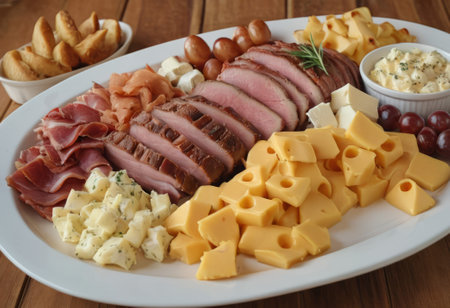 A rustic wooden board showcases the mouthwatering combination of thinly sliced smoked meat and assorted cheeses. The vibrant colors and textures create a visually appealing arrangement, perfect for a charcuterie spread or as an appetizing accompaniment to wine.の素材