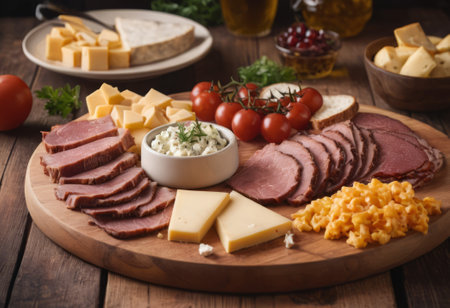A rustic wooden board showcases the mouthwatering combination of thinly sliced smoked meat and assorted cheeses. The vibrant colors and textures create a visually appealing arrangement, perfect for a charcuterie spread or as an appetizing accompaniment to wine.の素材