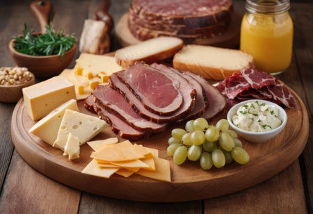 A rustic wooden board showcases the mouthwatering combination of thinly sliced smoked meat and assorted cheeses. The vibrant colors and textures create a visually appealing arrangement, perfect for a charcuterie spread or as an appetizing accompaniment to wine.の素材