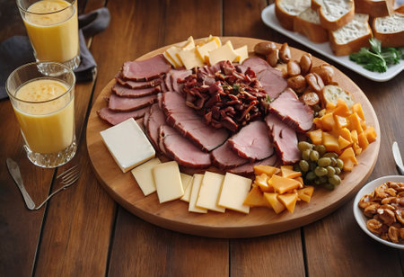 A rustic wooden board showcases the mouthwatering combination of thinly sliced smoked meat and assorted cheeses. The vibrant colors and textures create a visually appealing arrangement, perfect for a charcuterie spread or as an appetizing accompaniment to wine.の素材