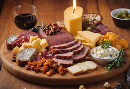 A rustic wooden board showcases the mouthwatering combination of thinly sliced smoked meat and assorted cheeses. The vibrant colors and textures create a visually appealing arrangement, perfect for a charcuterie spread or as an appetizing accompaniment to wine.の素材