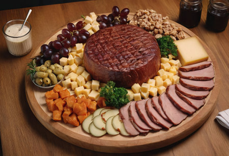 A rustic wooden board showcases the mouthwatering combination of thinly sliced smoked meat and assorted cheeses. The vibrant colors and textures create a visually appealing arrangement, perfect for a charcuterie spread or as an appetizing accompaniment to wine.の素材