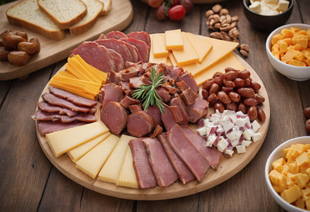 A rustic wooden board showcases the mouthwatering combination of thinly sliced smoked meat and assorted cheeses. The vibrant colors and textures create a visually appealing arrangement, perfect for a charcuterie spread or as an appetizing accompaniment to wine.の素材