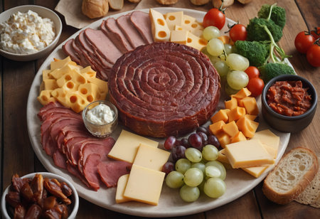 A rustic wooden board showcases the mouthwatering combination of thinly sliced smoked meat and assorted cheeses. The vibrant colors and textures create a visually appealing arrangement, perfect for a charcuterie spread or as an appetizing accompaniment to wine.の素材