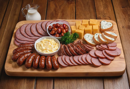 A rustic wooden board showcases the mouthwatering combination of thinly sliced smoked meat and assorted cheeses. The vibrant colors and textures create a visually appealing arrangement, perfect for a charcuterie spread or as an appetizing accompaniment to wine.の素材