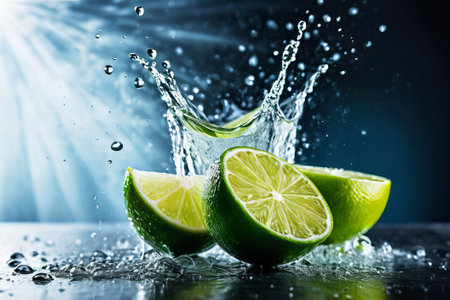 Indulge your senses with the vibrant colors and refreshing allure of fruits dancing in playful water droplets, a symphony of flavor and freshness.の素材