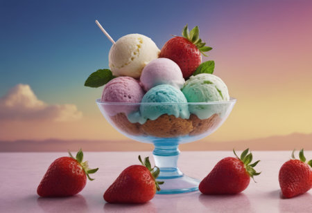 Rainbow-colored ice cream scoops with juicy berries, arranged in a nature-filled background, capturing the essence of summer treats in the great outdoors.の素材