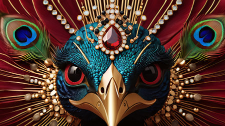 Vibrant jewel-toned bird perched on a branch, its feathers shimmering with gem-like qualities. Iridescent plumage in sapphire blue, emerald green, and ruby red. Crystalline elements adorn its wings and tail, creating a dazzling fusion of nature and precious stones.の素材