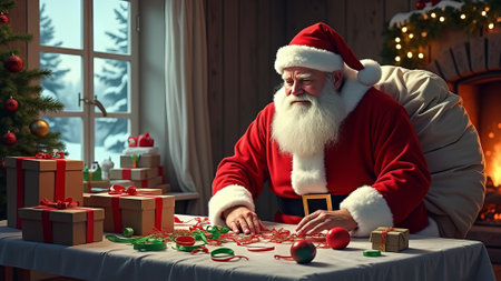 Santa Claus in his cozy living room, surrounded by wrapped gifts and toy-making tools. He checks his list while elves busily pack his magical sack. A warm fireplace and decorated Christmas tree complete the festive scene.の素材