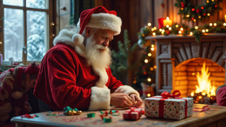 Santa Claus in his cozy living room, surrounded by wrapped gifts and toy-making tools. He checks his list while elves busily pack his magical sack. A warm fireplace and decorated Christmas tree complete the festive scene.の素材