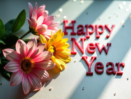 Bright sunlight bathes pink and yellow flowers alongside red "happy new year" letters. the vibrant colors and festive composition make this ideal for greeting cards, posters, or holiday decorations.の素材