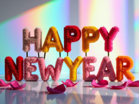 Bright and festive new year theme features colorful 3d letters spelling "happy new year" against a radiant background. scattered pink petals add a touch of celebration and joy, perfect for holiday greetings and festive designs.の素材