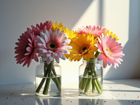 Bright gerbera daisies in pink and yellow hues are elegantly arranged in two glass vases, bathed in sunlight. the scene conveys a sense of freshness and vibrant spring ambiance, perfect for decor inspirations.の素材