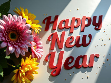 Vibrant flowers and sparkling decor create a festive ambiance for the new year. featuring bold red lettering and playful petals casting shadowed accents, this image exudes joy and celebration.の素材