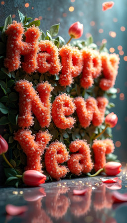 Floral happy new year arrangement with tulips and red petals on dark background.の素材