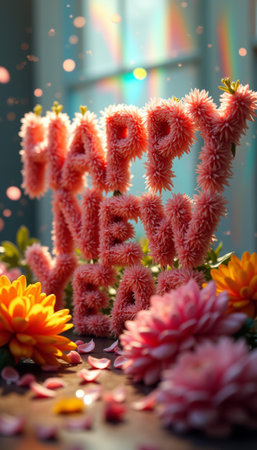 Floral happy new year decor with colorful chrysanthemum arrangement.の素材