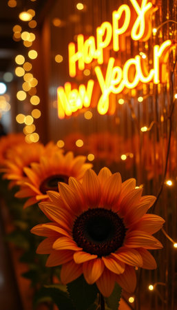 Vibrant happy new year theme with sunflowers and warm festive lights.の素材