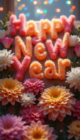 Vibrant floral happy new year greeting with colorful bokeh lights.の素材