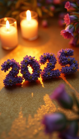 Floral 2023 arrangement with candles and flowers on a golden background.の素材