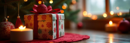Festive gift box under christmas tree with glowing lights and candles.の素材