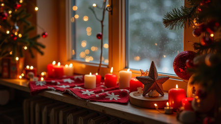 Cozy christmas window display with candles and festive decor in warm lighting.の素材