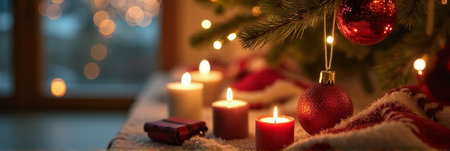 Cozy christmas scene with candles and ornaments by the tree.の素材