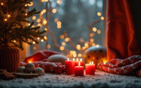 Cozy holiday scene with lit candles and festive decorations by a window.の素材