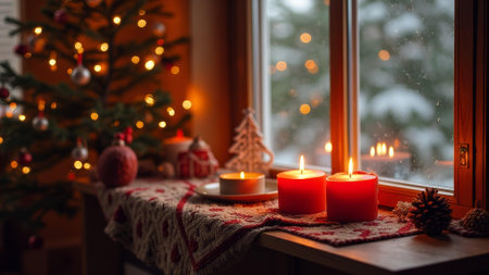 Cozy christmas scene with lit candles and decorated tree by snowy window.の素材