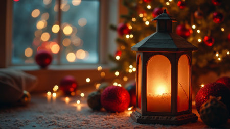Cozy lantern scene by a christmas tree with festive lights and ornaments.の素材