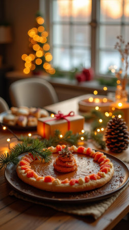 Warm holiday ambiance featuring a christmas table setup with a pumpkin pie at the center. the scene includes twinkling lights, a pine cone, greenery, and wrapped gift boxes, creating a cozy seasonal atmosphere.の素材