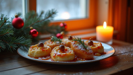 Festive setting featuring a plate of baked potatoes garnished with herbs, set near a candlelit window. holiday decorations, including red baubles and fir branches, enhance the cozy christmas atmosphere.の素材
