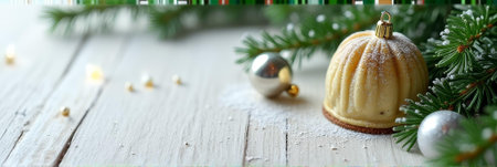 A beautifully crafted christmas dessert, dusted with powdered sugar, sits on a rustic wooden table adorned with festive fir branches and shimmering ornaments. the scene exudes warmth and holiday cheer, perfect for seasonal celebrations.の素材