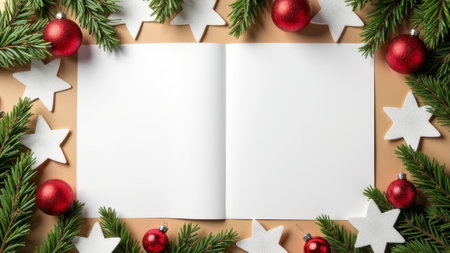 Festive Christmas card design with envelope and holiday decorations.の素材