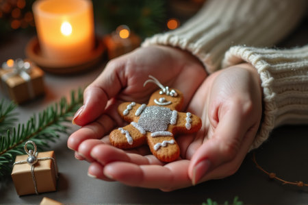 Cozy christmas scene with gingerbread cookie and candlelit gift decor.の素材
