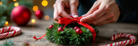 Christmas wreath crafting with festive decorations and candy canes.の素材