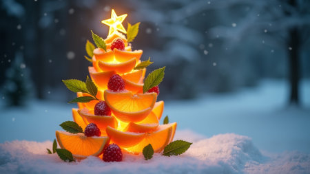 Festive orange and raspberry christmas tree in snowy winter wonderland.の素材