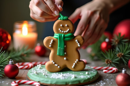 Decorating gingerbread cookie for christmas holiday with festive elements and warm candlelight.の素材