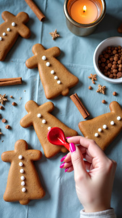 Festive gingerbread cookie decorating with candles and spices for christmas celebration.の素材
