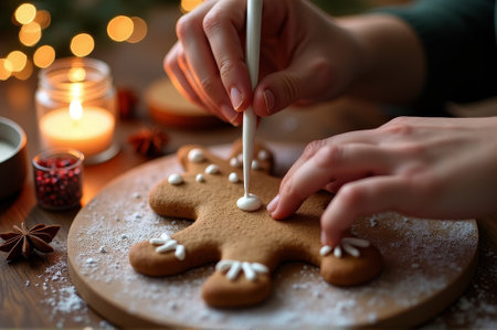 Decorating homemade gingerbread cookies for the holiday season with festive lights and warm ambiance.の素材
