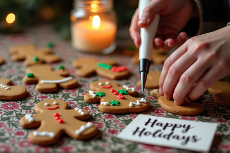 Cozy christmas scene with gingerbread cookie decorating and candlelight for holiday joy.の素材
