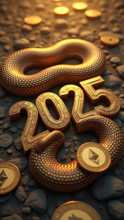Golden 2025 cryptocurrency future with snake and coins symbolizing innovation.の素材