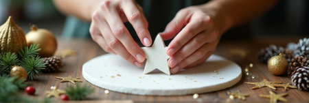 Crafting festive stars for christmas decorations with pine cones and gold accents.の素材