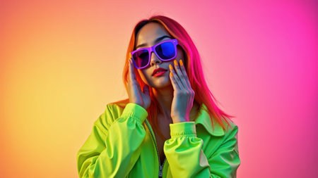 Young Asian female in neon outfit with sunglasses against vibrant gradient background.の素材