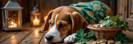 St. patrick's day canine charm: dog with shamrocks and lantern in cozy setting.の素材