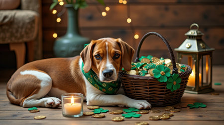 St. patrick's day beagle with basket of shamrocks and coins in cozy setting.の素材