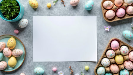 Colorful easter egg frame with blank paper for spring decorations.の素材