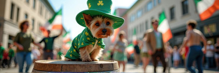 Adorable dog in leprechaun costume celebrating st. patrick's day parade festivities.の素材