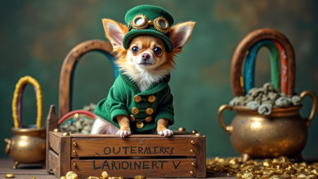 Cute chihuahua in steampunk outfit with gold coins and pots, luck concept for st. patrick's day.の素材