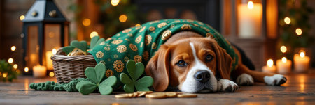 St. patrick's day beagle with shamrocks and lanterns in cozy candlelit setting.の素材